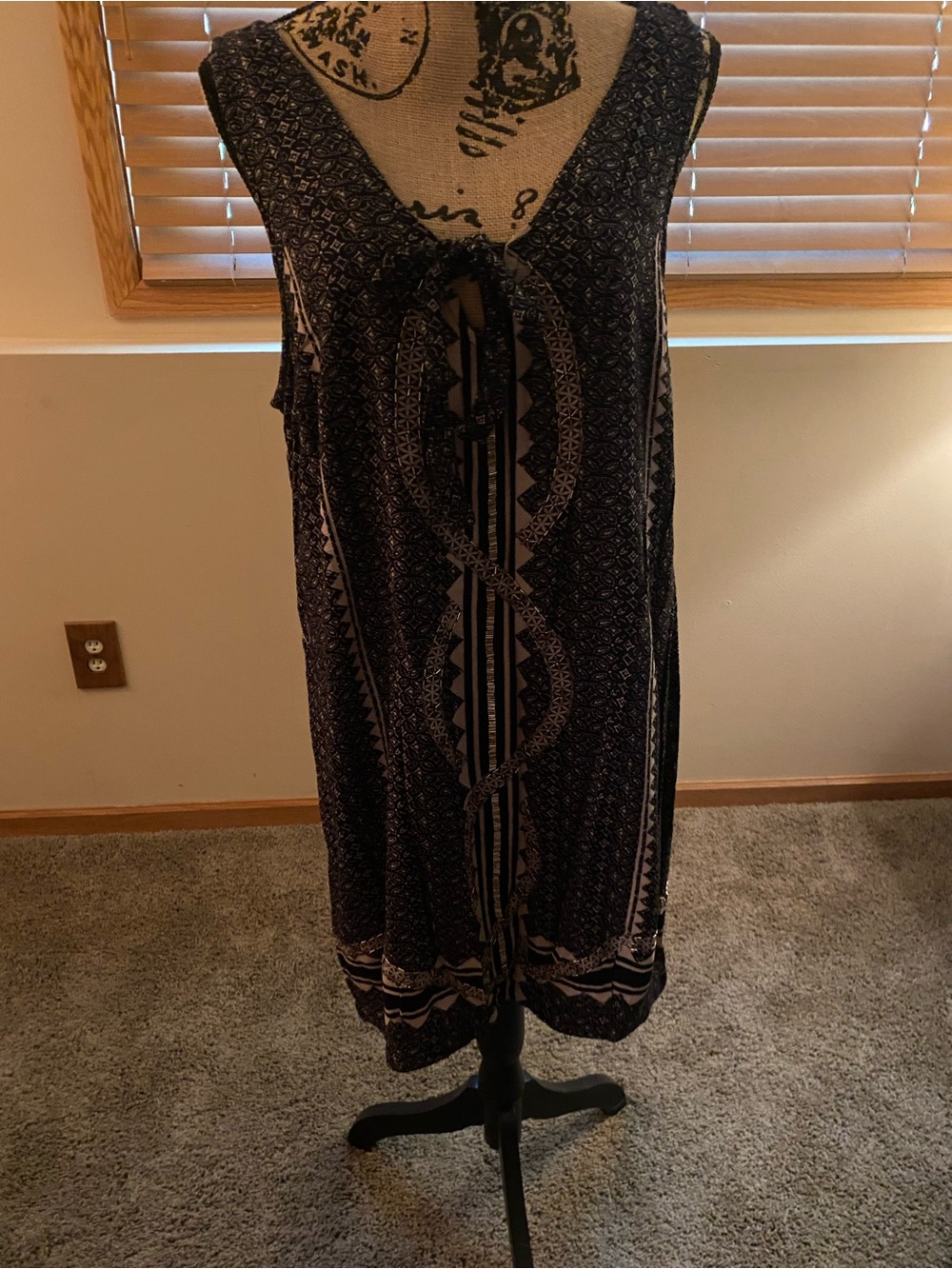Free People Black and Cream Geometric Tie-Front Maxi Dress